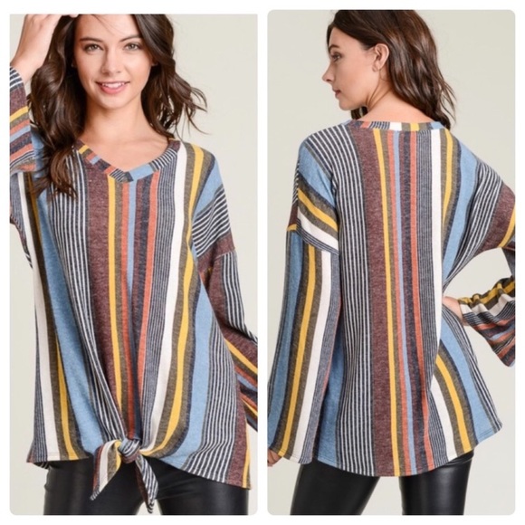 First Love Tops - LAST ONE V Neck Striped Bell Sleeve Top